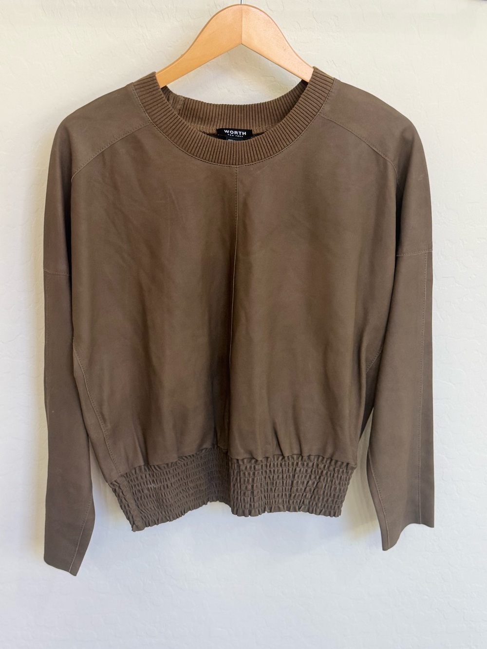 Worth New York $898 Soft Genuine Leather Rib Trim Pullover Blouse Top Brown S